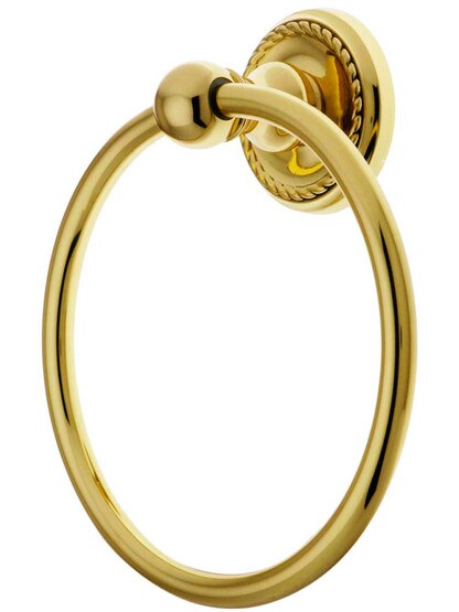 Brass Towel Ring with Rope Rosette in Polished Brass.